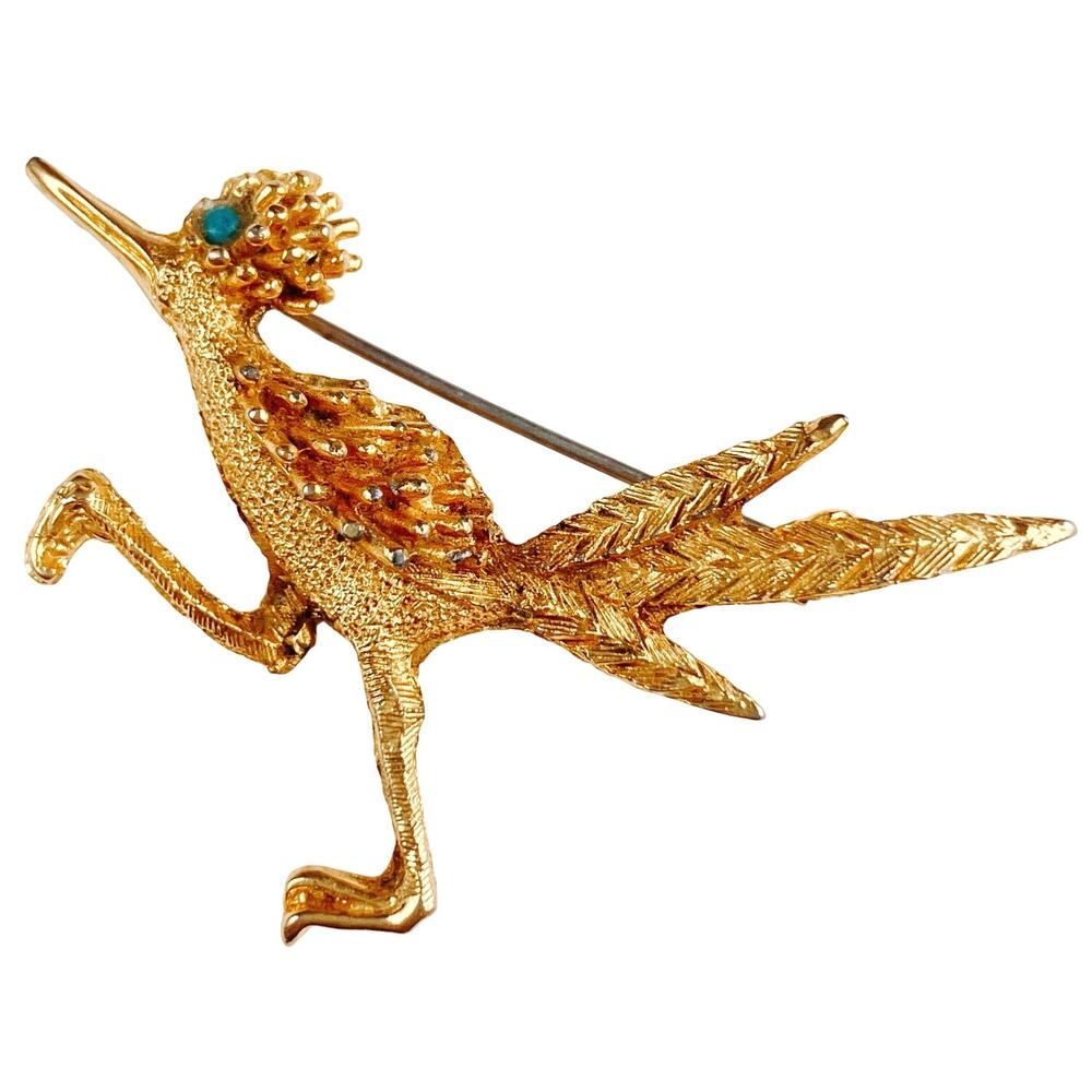 VTG Mid Century Roadrunner Brooch Gold Tone Bird Pin Turquoise Eye Figural
